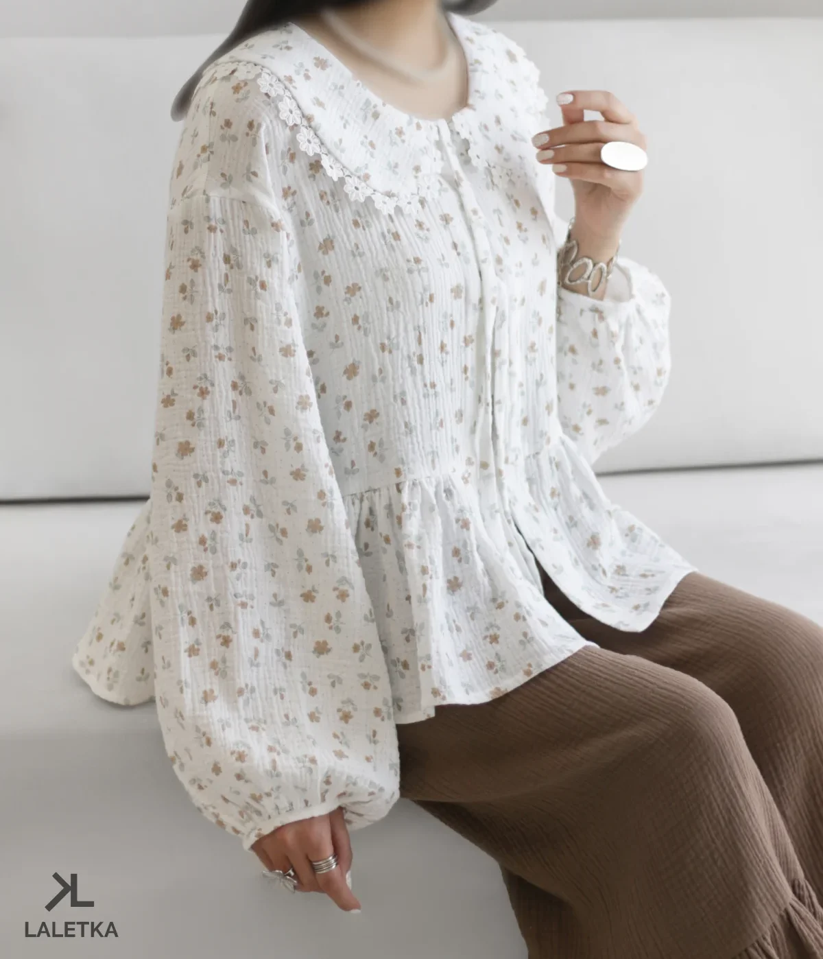 مانتوشومیزی موسلین گل قهوه ای